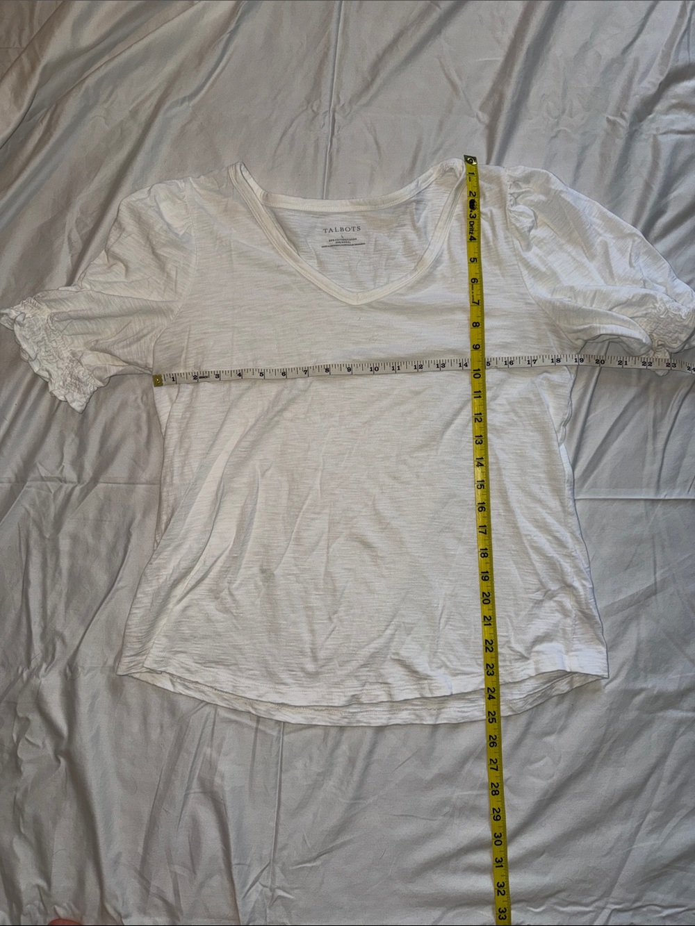 Talbots White V-Neck Short Sleeve Tee with Smocked Puff Sleeves
